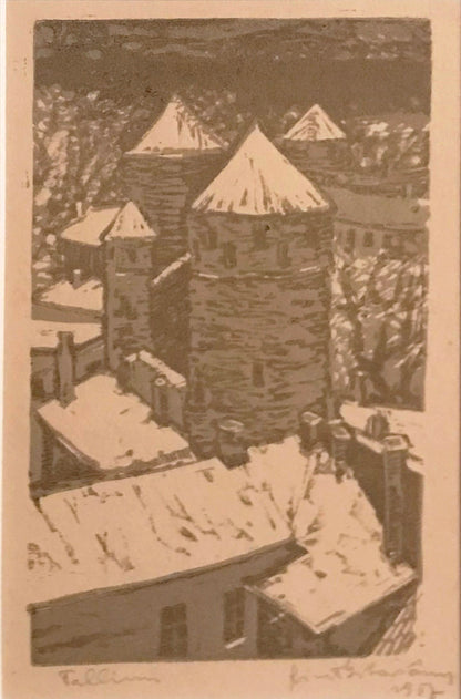 Rimtautas Gibavičius | Talinas, 1957 | Popierius, spalvotas linoraižinys, 17x10 (30x23)