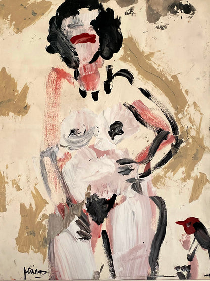 Pranas Gailius | Nude with bird | Acrylic on paper, 75x55.5 (104x83)