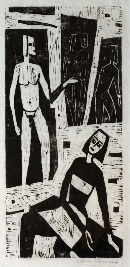 Viktoras Petravičius | Buitinė scena, 1956 | Popierius linoraižinys, 61x30 (91x58)
