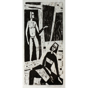 Viktoras Petravičius | Buitinė scena, 1956 | Popierius linoraižinys, 61x30 (91x58)