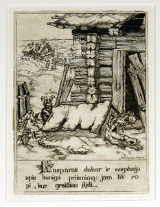 Audrius Puipa<br>7 iliustracijos P. Cvirkos apsakymui Kasparo Drimbos nutikimai, 1975-76<br>Ofortas popierius, visi 23.4x14.5