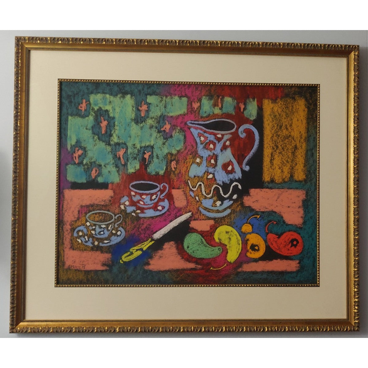 Vytautas Kasiulis | Natiurmortas su puodukais, XX a. 5-6 deš. | Pastelė, popierius, 50x65