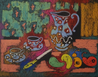 Vytautas Kasiulis | Still life with pots | Pastel, paper, 50x65