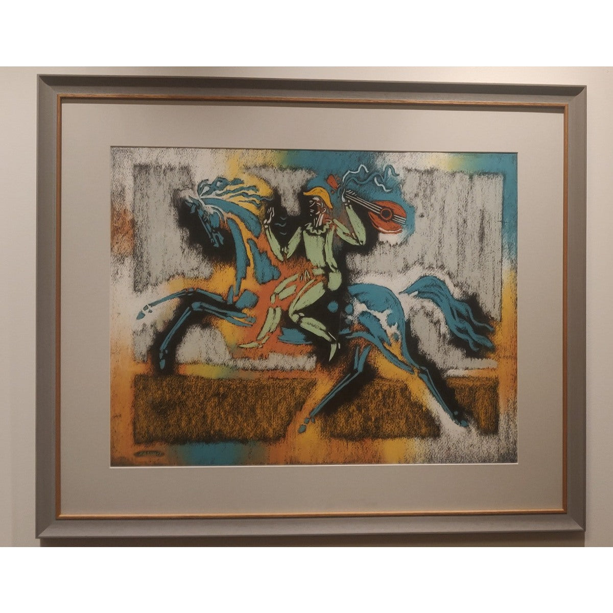Vytautas Kasiulis | Jojantis cirko artistas su mandolina, XX a. 6 deš. | Pastelė, popierius, 50x65