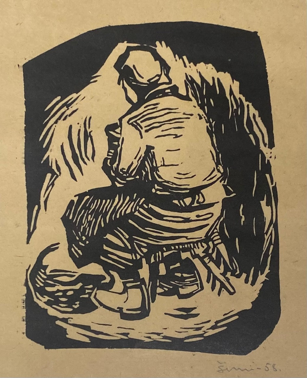Šarūnas Šimulynas | Woman at Work, 1958 | Linocut, 20x15 (36x31)