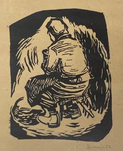Šarūnas Šimulynas<br>Motulė prie darbų, 1958<br>Linoraižinys, popierius, 20x15 (36x31)