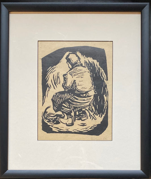 Šarūnas Šimulynas | Motulė prie darbų, 1958 | Linoraižinys, popierius, 20x15 (36x31)
