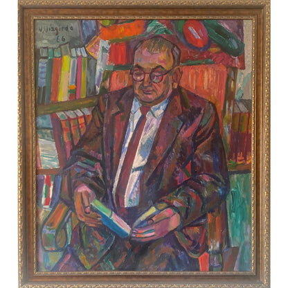 Viktoras Vizgirda | Bibliotekoje (Tautotyrininkas Antanas Mažiulis), 1966 | Aliejus drobė, 112x97 (127x112)