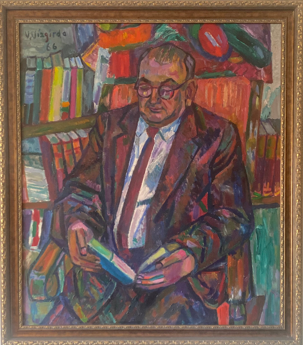 Viktoras Vizgirda<br>Bibliotekoje (Tautotyrininkas Antanas Mažiulis), 1966<br>Aliejus drobė, 112x97