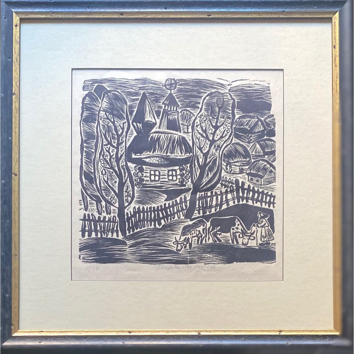 Paulius Augius-Augustinavičius | Ganykla, Iš ciklo Žemaitijos simfonijos, 1948 | Popierius linoraižinys, 20,5x21,5 (38x38)