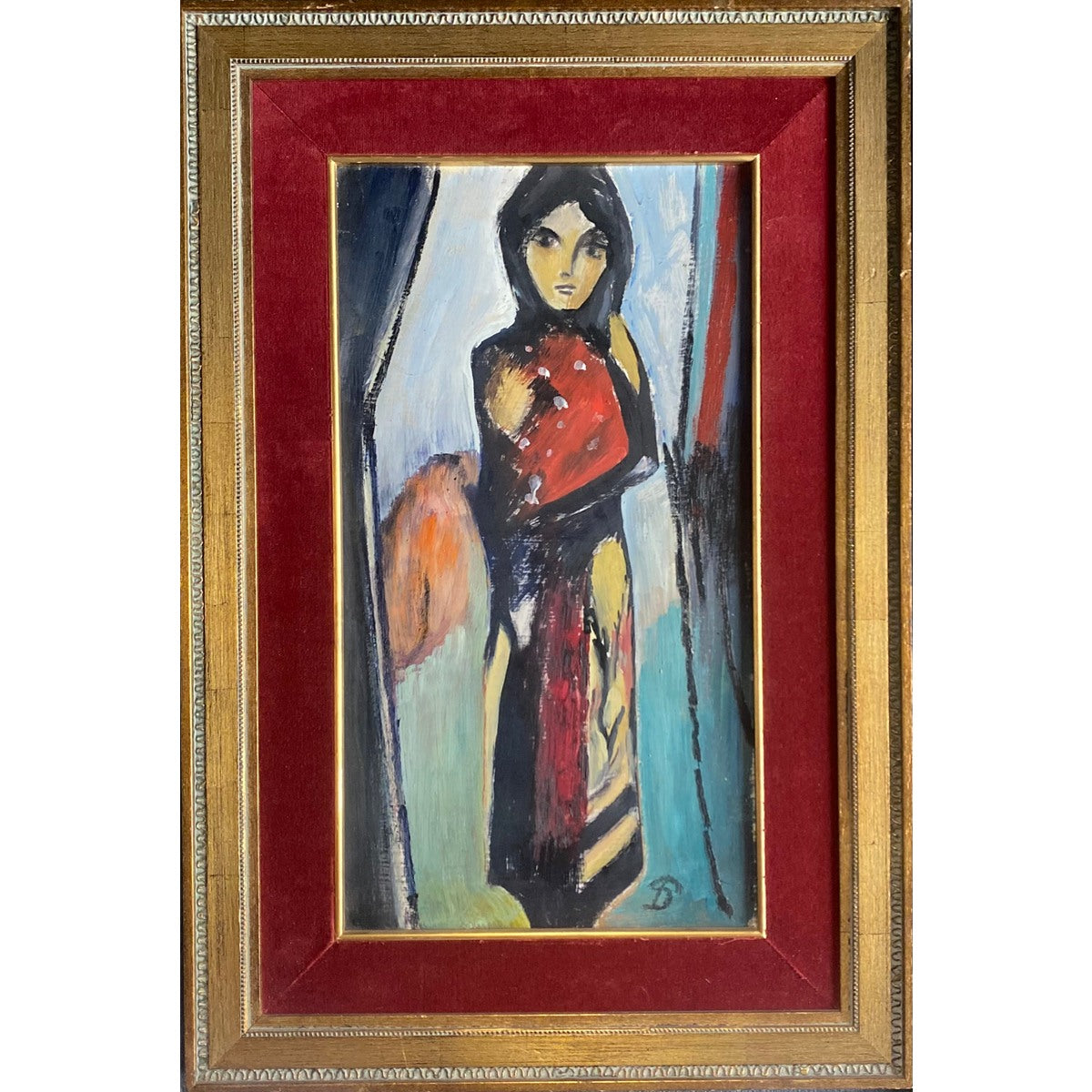 Pranas Domšaitis | Mergina raudona palaidine, 1960-61 | Aliejus, kartonas, 50x27