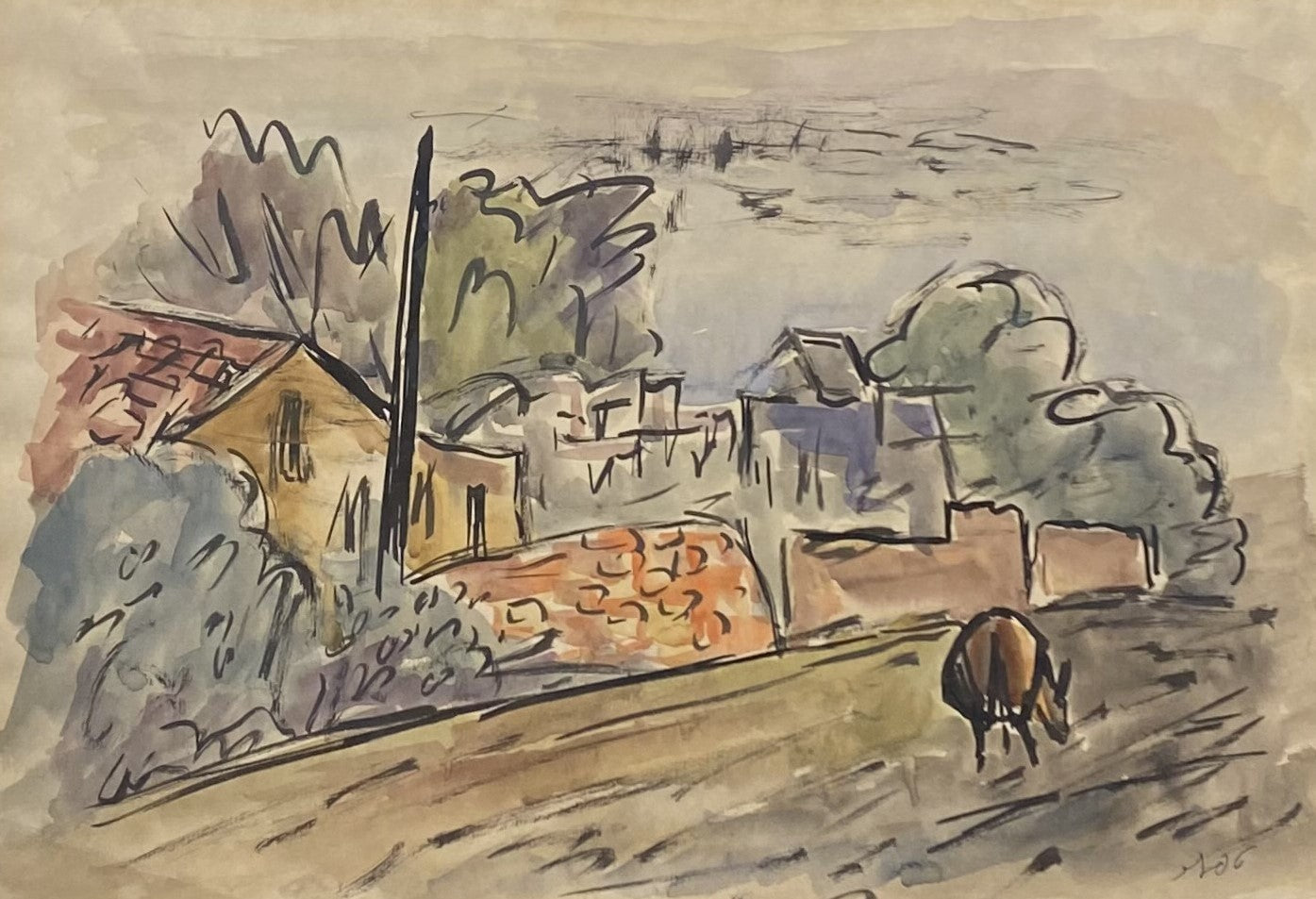 Shmuel Tepler | Donkey in the Street | Watercolor, paper, 34x49