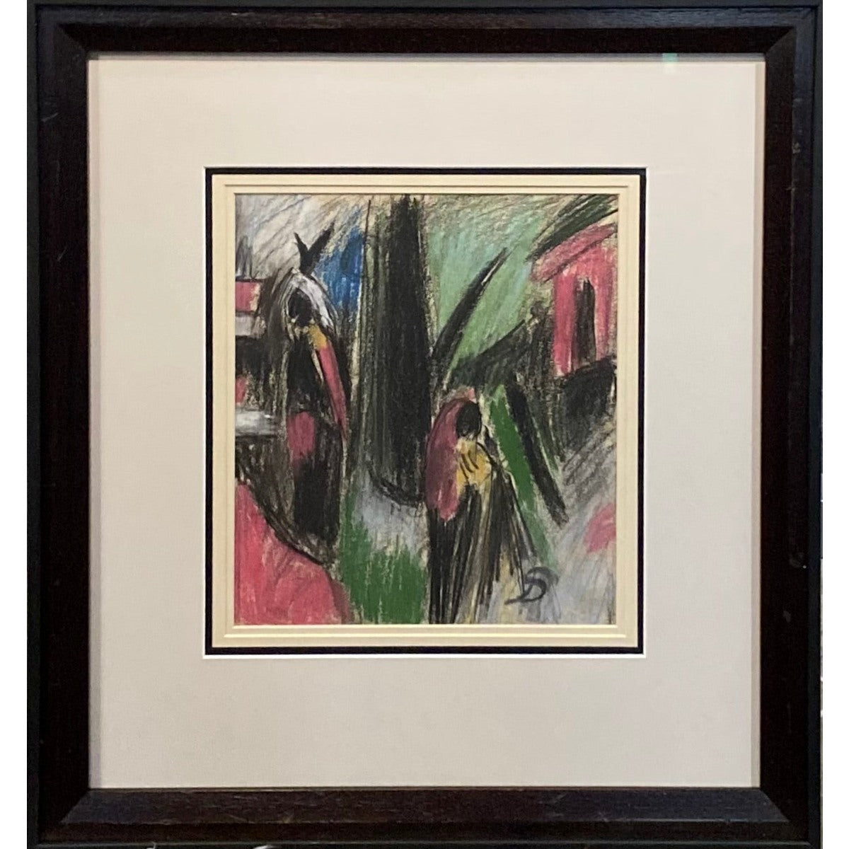 Pranas Domšaitis | Two Women and a House | Pastel, paper, 26x23 (50x46)
