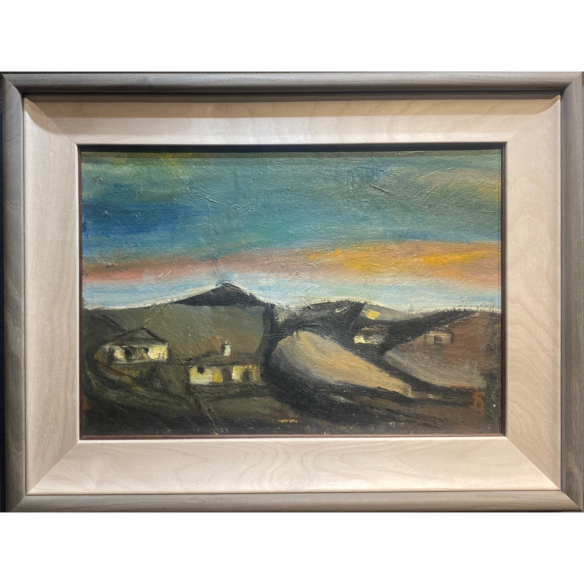 Pranas Domšaitis | Karoo landscape with houses at dusk | Oil on cardboard, 35x51 (52x68)