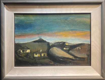 Pranas Domšaitis | Karoo landscape with houses at dusk | Oil on cardboard, 35x51 (52x68)