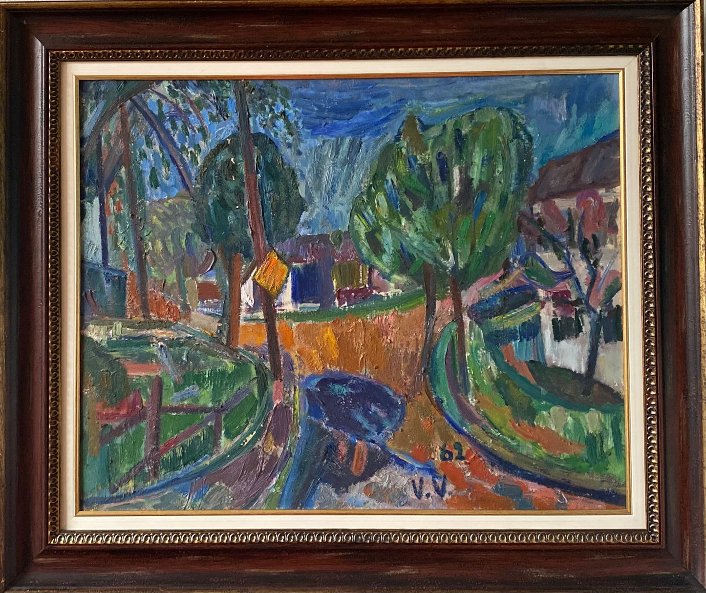 Viktoras Vizgirda | Landscape with Houses / Peizažas su namais, 1962 | Aliejus drobė, 60x77 (80x96)