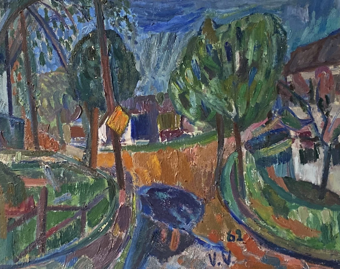 Viktoras Vizgirda | Landscape with Houses / Peizažas su namais, 1962 | Aliejus drobė, 60x77 (80x96)