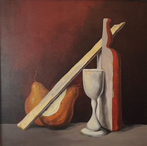 Samuel Bak<br>Still Life With Pears and bottle, 1978<br>Drobė, aliejus, 60x60