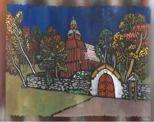 Vytautas Kasiulis<br>Seglora bažnyčia Skansene. Švedija, XX a. 7 deš.<br>Guašas, popierius, 64x80 (88x104)