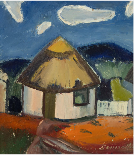 Pranas Domšaitis | Basuto huts | Aliejus, kartonas, 35x32 (50x47)