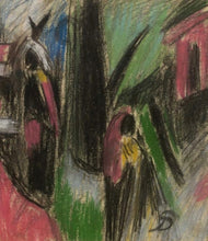 Load image into Gallery viewer, Pranas Domšaitis | Dvi moterys ir namukas | Pastelė, popierius, 26x23 (50x46)