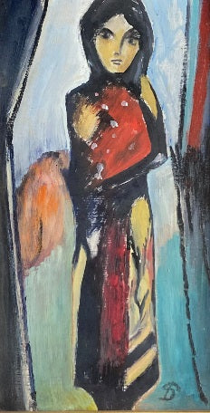 Pranas Domšaitis<br>Mergina raudona palaidine, 1960-61<br> Aliejus, kartonas, 50x27