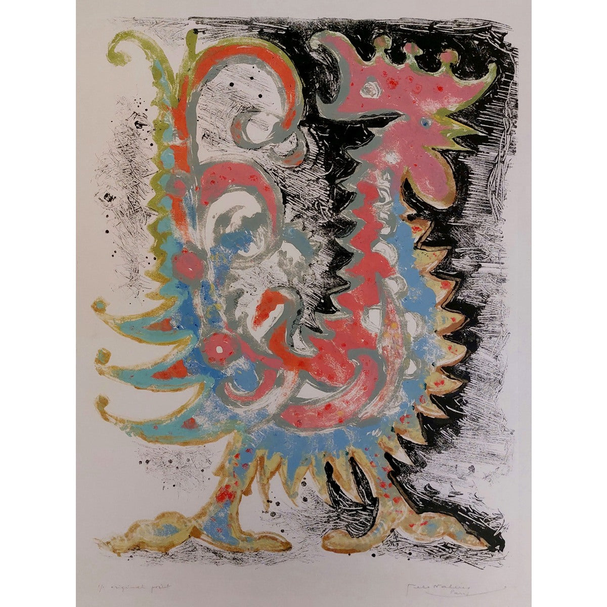 Telesforas Valius | Be pav. (Gališkas gaidelis), a. 1956 | Mišri technika, monotipija, pop., 52x41 (77x61)