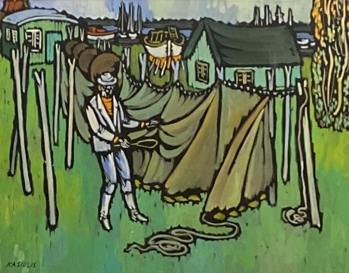 Vytautas Kasiulis<br>Žvejų tinklai<br>Guašas, popierius, 27x35 (36x43)
