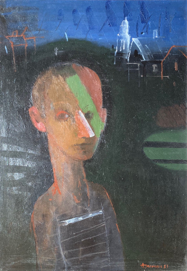 Adomas Jacovskis | Portrait on a Dark Background, 1983 | Oil on cardboard, 70x50