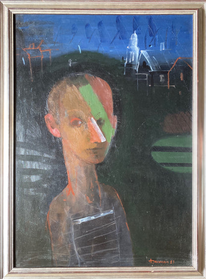 Adomas Jacovskis | Portrait on a Dark Background, 1983 | Oil on cardboard, 70x50