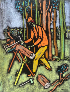 Vytautas Kasiulis<br>Pjaunantis malkas, XX a. 5-6 deš.<br>Pastelė, popierius, 65x50 (85x69)