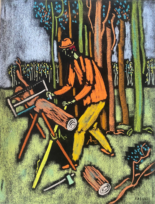 Vytautas Kasiulis<br>Pjaunantis malkas, XX a. 5-6 deš.<br>Pastelė, popierius, 65x50 (85x69)