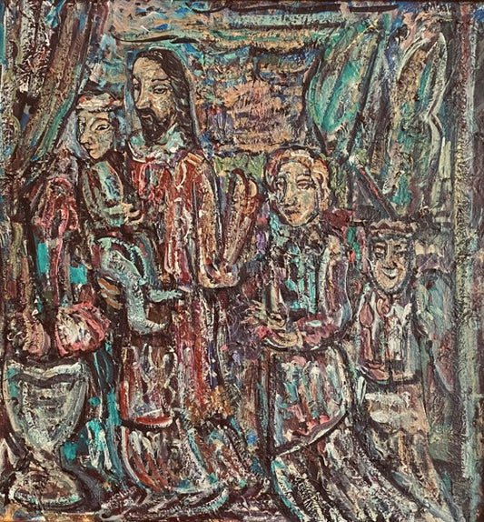 Antanas Martinaitis | Kompozicija su Dievukais, 1985 | Aliejus, kartonas, 52x49 (83x80)
