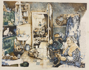 Audrius Puipa<br> Mano šeimininkės virtuvė, 1987<br> Spalvota litografija, 39x49