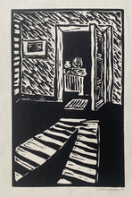 Load image into Gallery viewer, Aspazija Vaivadaitė Surgailienė&lt;br&gt;Belaukiant svečių, 1958&lt;br&gt;Linoraižinys, 23,5x15 (40,5x32)