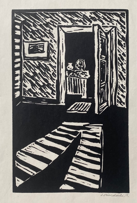 Aspazija Vaivadaitė Surgailienė<br>Belaukiant svečių, 1958<br>Linoraižinys, 23,5x15 (40,5x32)
