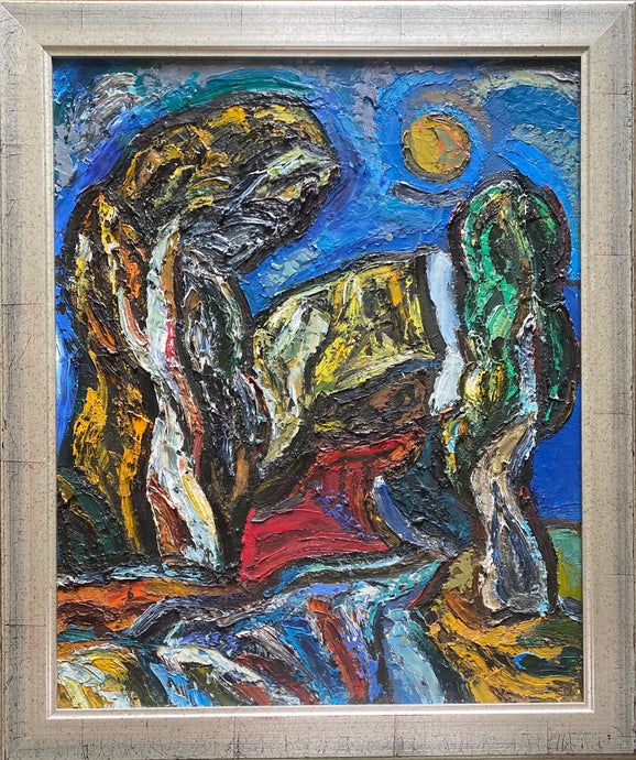 Leonardas Tuleikis<br>Du seni medžiai, 1990<br>Aliejus, kartonas, 61x50