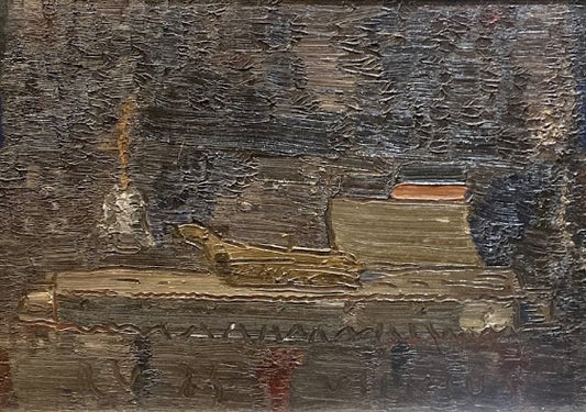 Ričardas Povilas Vaitiekūnas | Natiurmortas su mediniu avinėliu, 1985 | Aliejus, drobė ant kartono, 35x50
