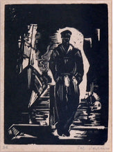Load image into Gallery viewer, Telesforas Valius&lt;br&gt;Prieplaukoje, 1936&lt;br&gt;Medžio raižinys popierius, 11x8 (26,4x20,4)
