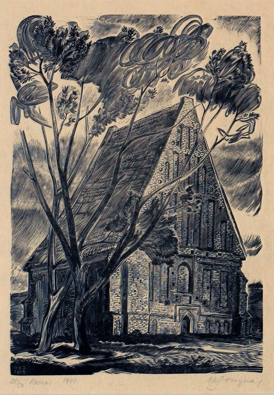 Vytautas Kazimieras Jonynas | Zapyškio bažnyčia, 1942 | Medžioraižinys popierius, 23x17 (50.2x42.5)