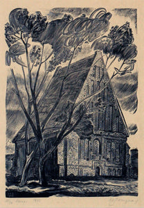 Vytautas Kazimieras Jonynas<br>Zapyškio bažnyčia, 1942<br>Medžioraižinys popierius, 23x17 (50.2x42.5)