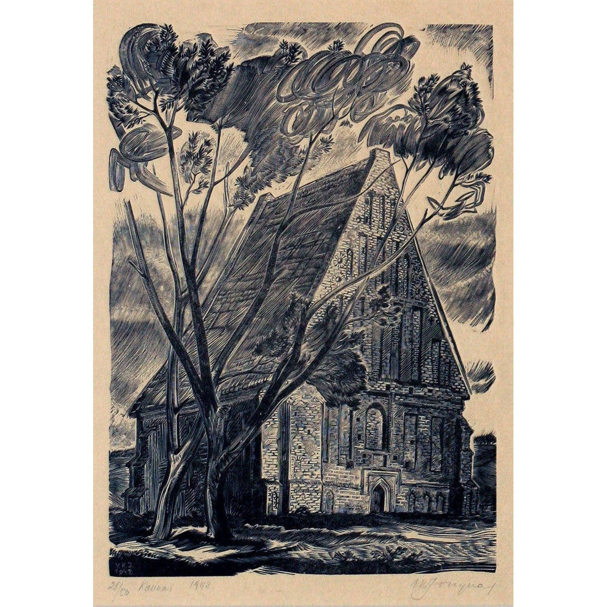 Vytautas Kazimieras Jonynas | Zapyškio bažnyčia, 1942 | Medžioraižinys popierius, 23x17 (50.2x42.5)